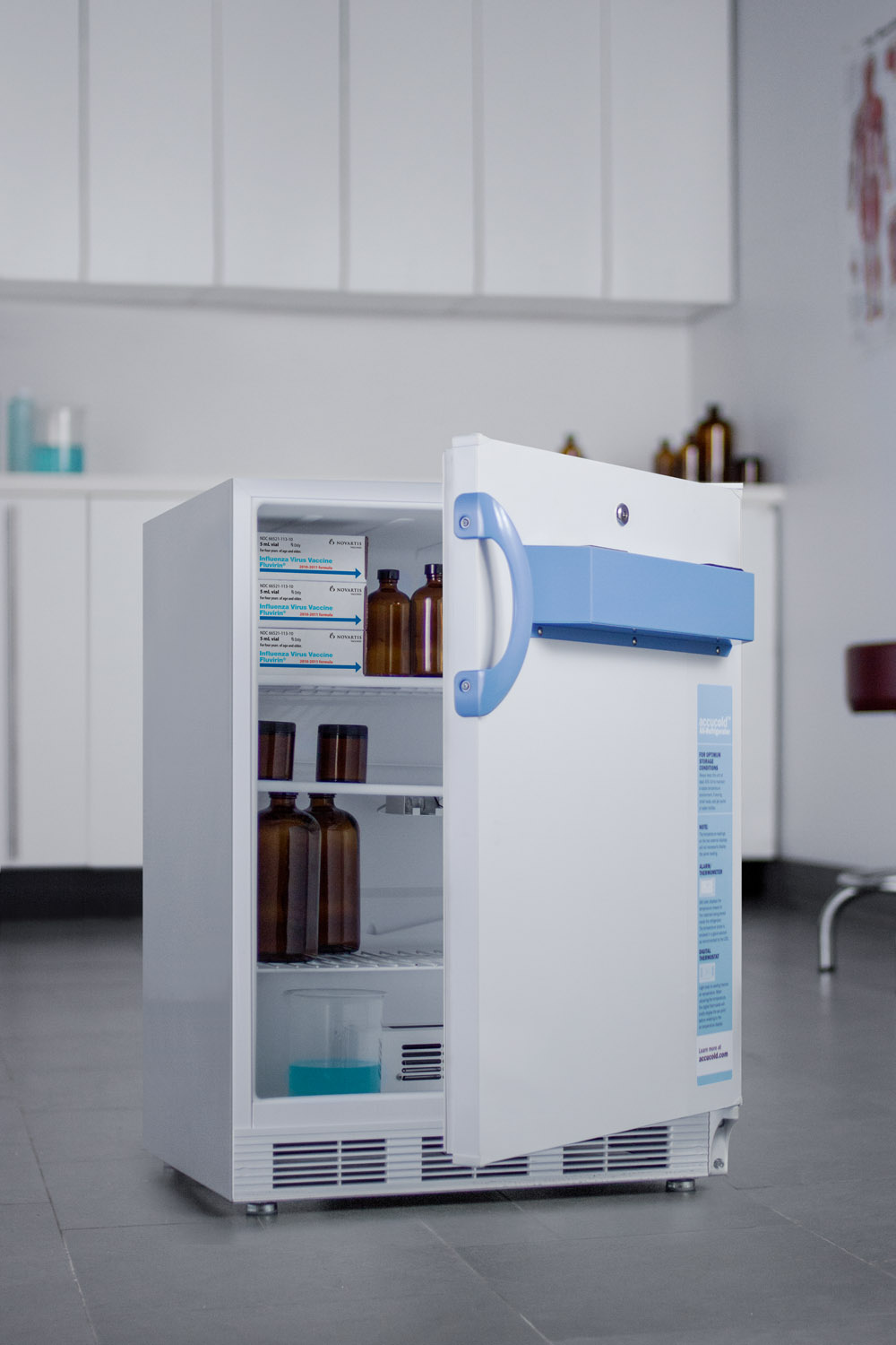 Built-in undercounter ADA compliant auto defrost medical/scientific all-refrigerator with front control panel equipped with a digital thermostat and NIST calibrated thermometer/alarm; includes front lock, hospital grade cord, and internal fan